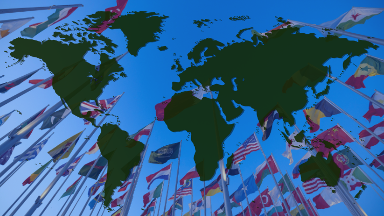 World map silhouette against a sky filled with international flags — Connected Worlds international relations course