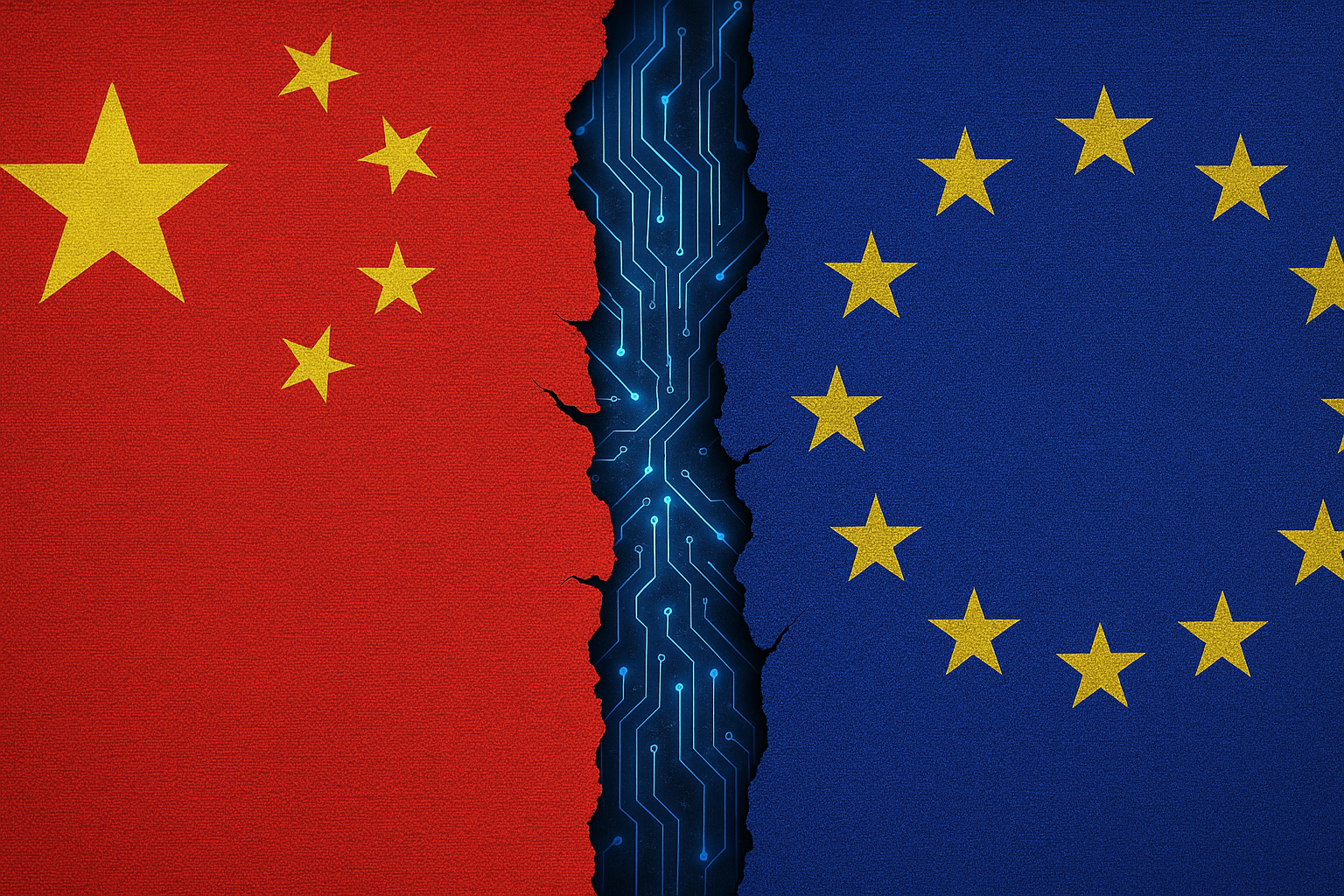 Chinese and European Union flags split by a band of glowing circuit lines