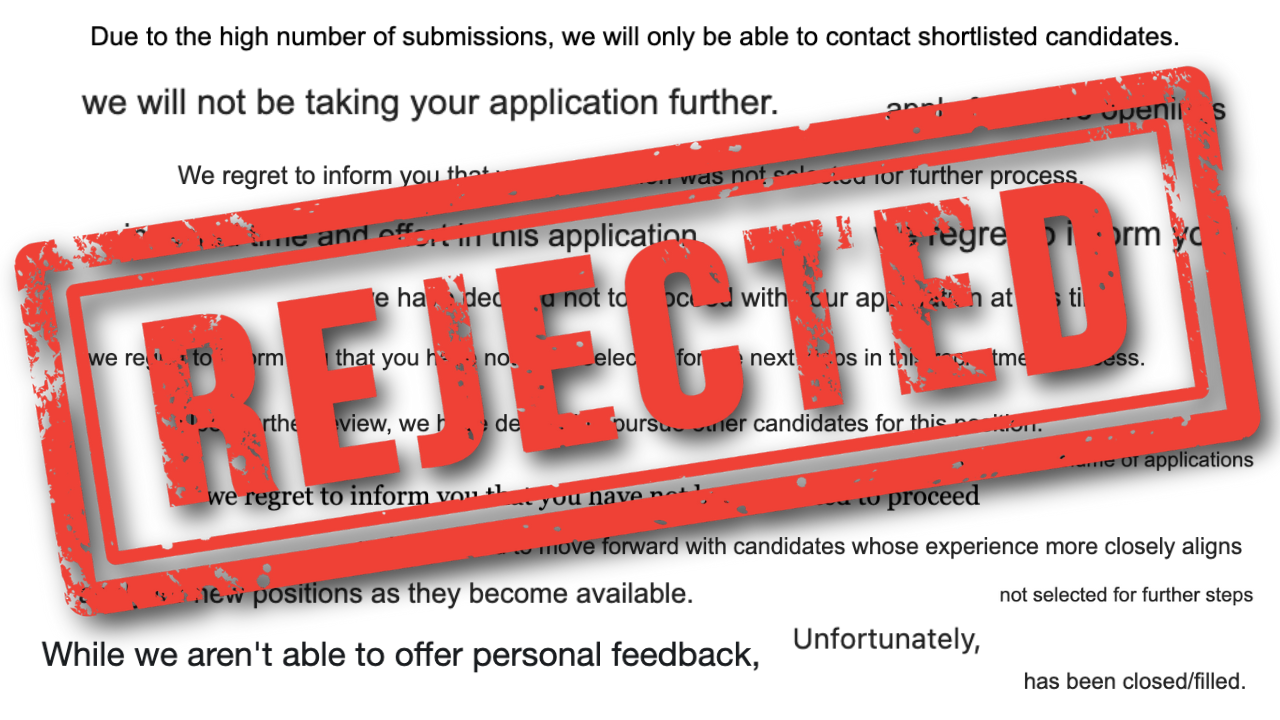 Collage of job rejection email phrases stamped with the word Rejected