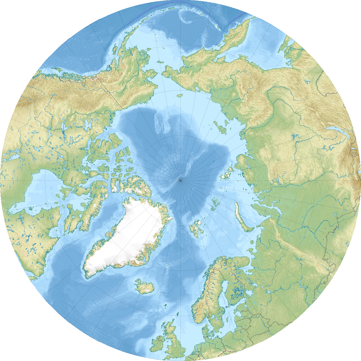Relief map of the Arctic Ocean and surrounding states