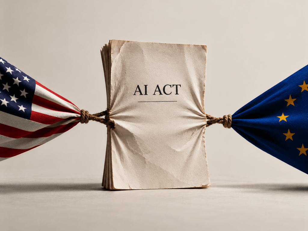An AI Act document pulled between the flags of the United States and the European Union.