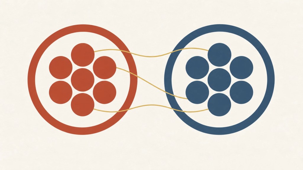 Two circles, one red and one blue, each holding a tight cluster of seven dots, joined by thin gold threads that cross the boundary between them.